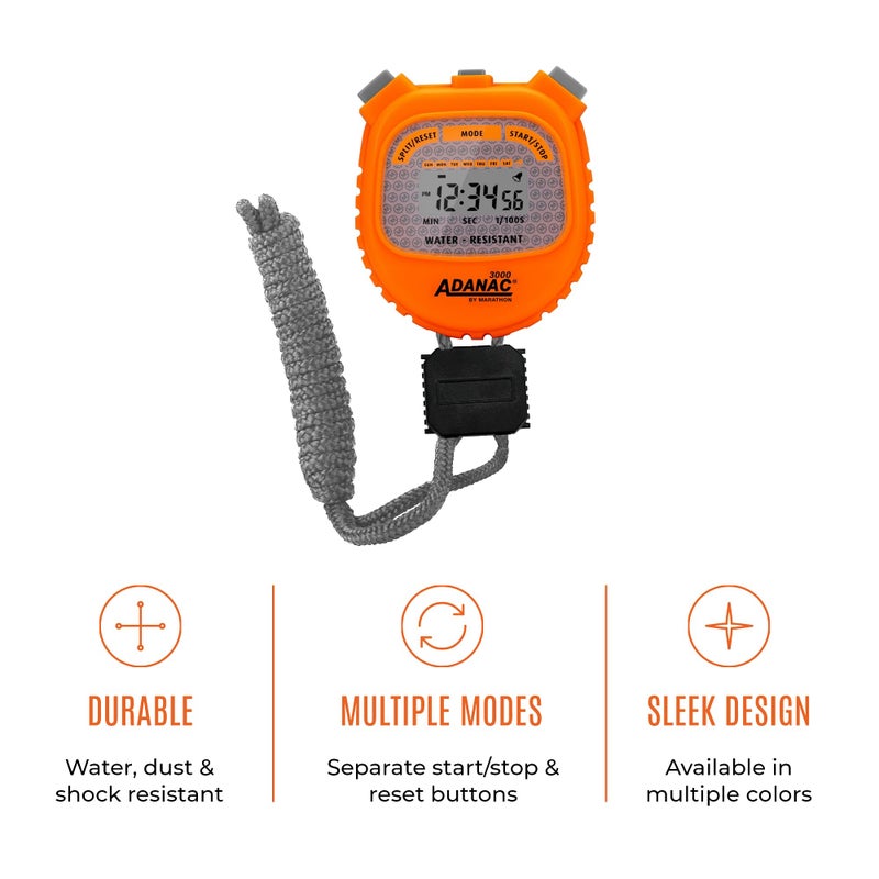 Marathon Adanac 3000 Digital Stopwatch Timer, Neon Orange - High Precision Accuracy to 1/100th Seconds - Water, Dust & Shock Resistant - 46â€ Lanyard Included - Image 3